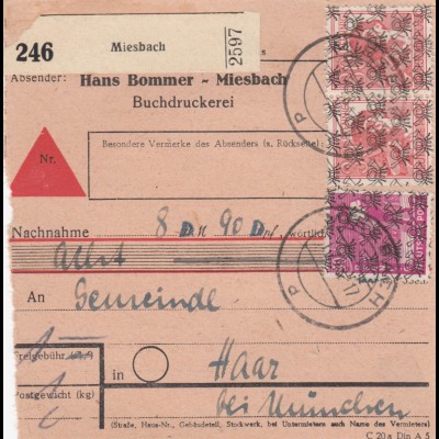 BiZone Paketkarte 1948: Miesbach nach Haar, Selbstbucher, Nachnahme