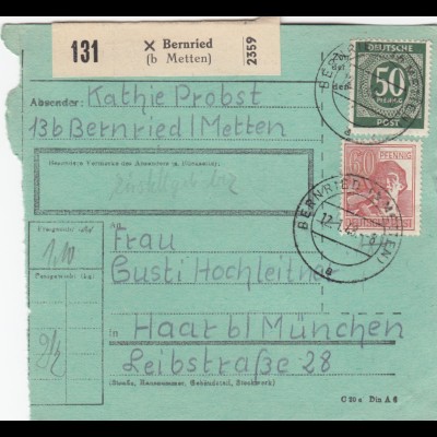 Paketkarte 1948: Bernried nach Haar b. München, besonderes Formular