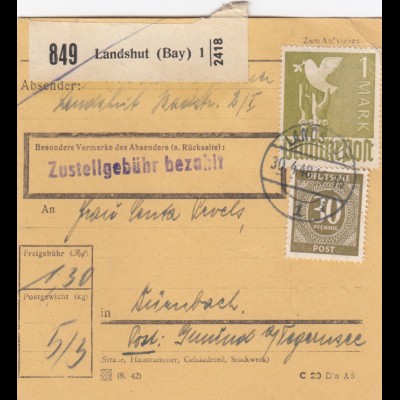 Paketkarte 1948: Landshut nach Dürnbach, Post Gmund Tegernsee