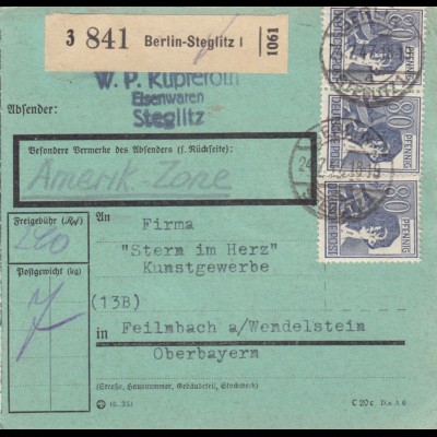 Paketkarte 1947: Berlin-Steglitz nach Feilnbach, besonderes Formular