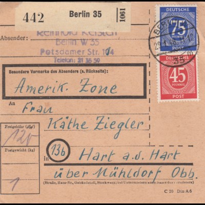 Paketkarte 1948: Berlin W 35 nach Hart a.d. Hart