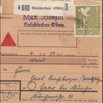 Paketkarte 1949: Holzkirchen nach Haar, Stiessberger u. Söhne, Nachnahme