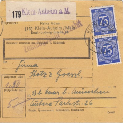 Paketkarte 1947: Klein-Auheim nach Haar
