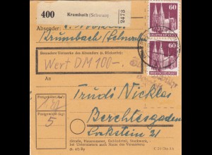 BiZone Paketkarte 1948: Krumbach nach Berchtesgaden, Wertkarte, Notopfer Rücks.