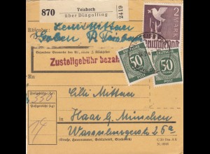 Paketkarte 1948: Teisbachüber Dingolfing nach Haar