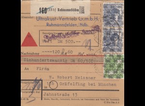 BiZone Paketkarte 1948: Ruhmannsfelden nach Gräfeling, Wertkarte, Nachnahme