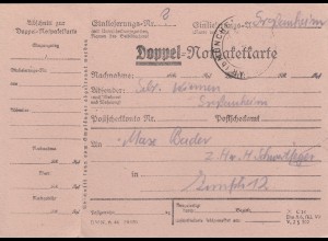 BiZone Paketkarte 1948: Großauheim - München, Doppel-Notpaketkarte