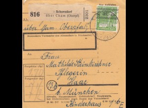 BiZone Paketkarte 1948: Schorndorf über Cham nach Haar, Kinderhaus