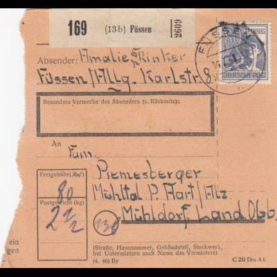 Paketkarte 1948: Füssen Allgäu nach Mühldorf