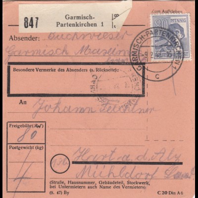 Paketkarte 1948: Garmisch-Patenkirchen nach Hart a.d. Alz