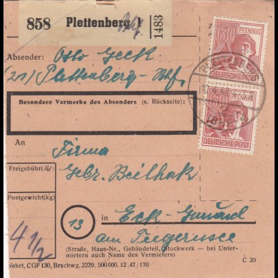 Paketkarte 1948: Plettenberg nach Eck-Gmund, Tegernsee
