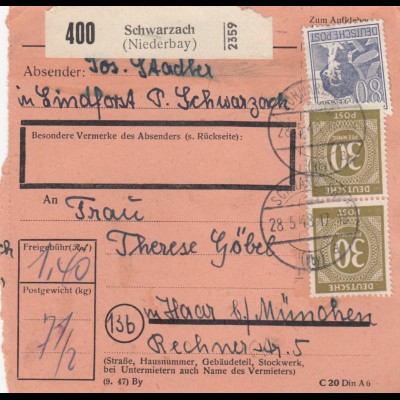 Paketkarte 1948: Schwarzach in Lindforst nach Haar