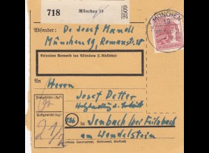 Paketkarte 1947: München 19 nach Jenbach, Holzhandlung