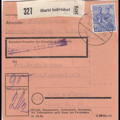 Paketkarte 1948: Indersdorf-Glonn nach Haar, Frauenklinik