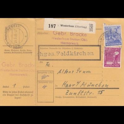 BiZone Paketkarte 1948: Gebr. Bracke Marmorwerk, Westerham nach Haar