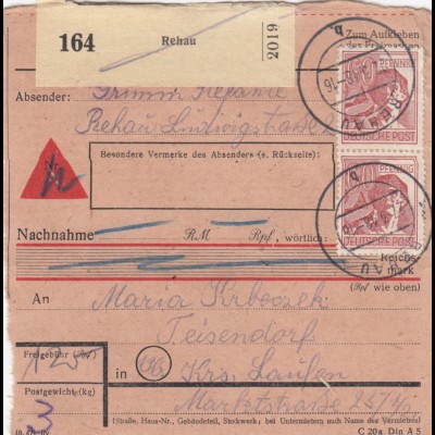 Paketkarte 1948: Rehau nach Teisendorf, Nachnahme