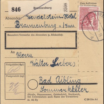 Paketkarte 1947: Brannenburg nach Bad Aibling