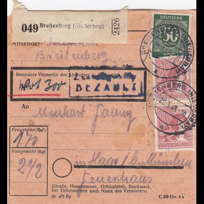 Paketkarte 1948: Breitenberg nach Haar b. München, Wertkarte
