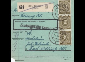 Paketkarte 1947: Freising nach Modehaus Bad Aibling, besonderes Formular