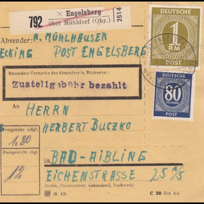 Paketkarte 1946: Engelsberg über Mühldorf nach Bad-Aibling