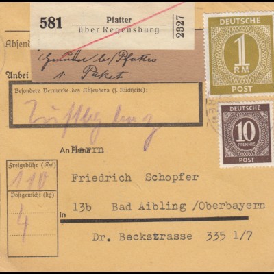 Paketkarte 1946: Pfatter über Regensburg nach Bad Aibling