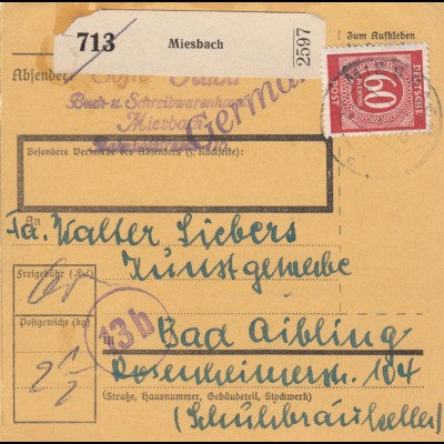 Paketkarte 1947: Miesbach, Buchwaren, nach Bad Aibling, Kunstgewerbe
