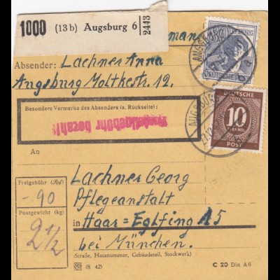 Paketkarte 1947: Augsburg nach Pflegeanstalt Haar