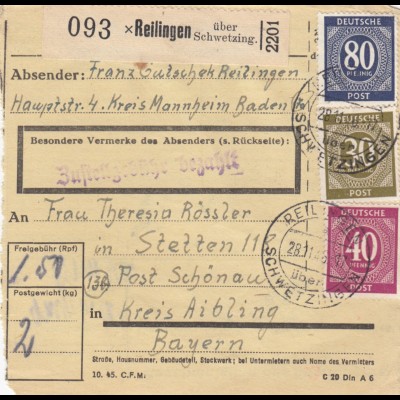 Paketkarte 1946: Reilingen Kreis Mannheim nach Schönau