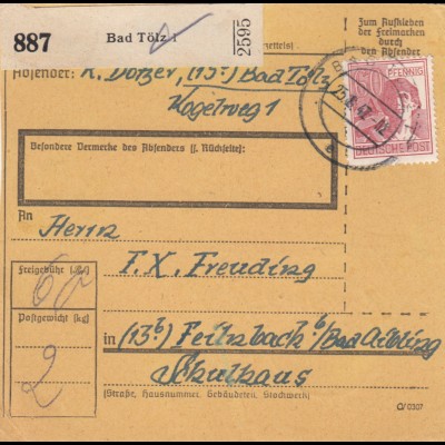 Paketkarte 1947: Bad Tölz nach Feilnbach