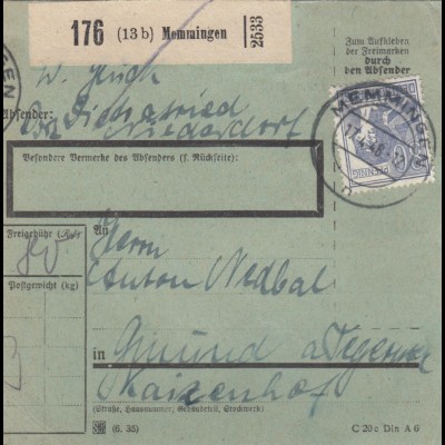 Paketkarte 1948: Memmingen nach Gmund, besonderes Formular