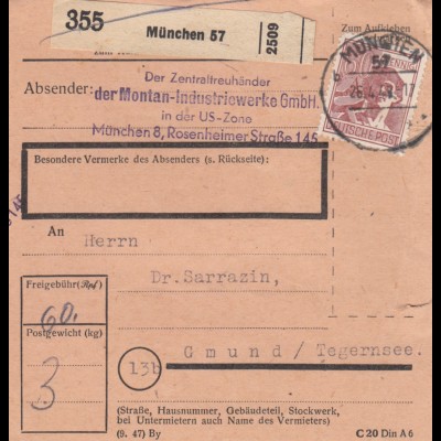 Paketkarte 1948: München, Zentraltreuhänder Montan-Industrie nach Gmund