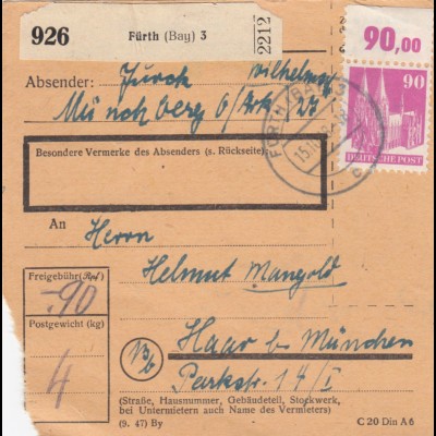 BiZone Paketkarte 1948: Fürth 3 Münchberg nach Haar