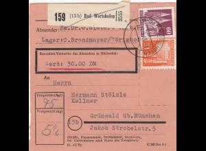 BiZone Paketkarte 1948: Bad Wörishofen n. Grünwald, Kellner, Wert 30 DM