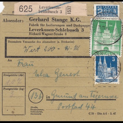 BiZone Paketkarte 1948: Leverkusen, Stange K.G. nach Gmund, Notopfer