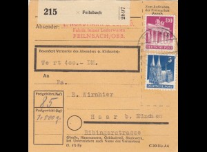 BiZone Paketkarte 1948: Lederwaren Feilnbach nach Haar, Wertkarte 400 DM