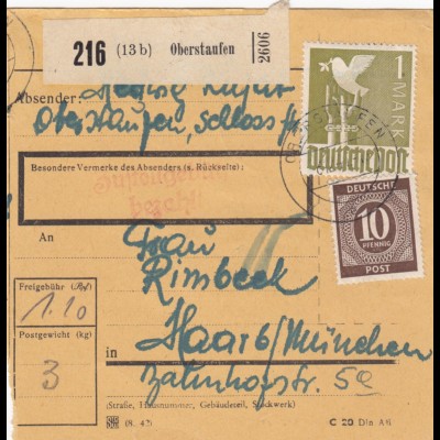 Paketkarte 1947: Oberstaufen nach Haar