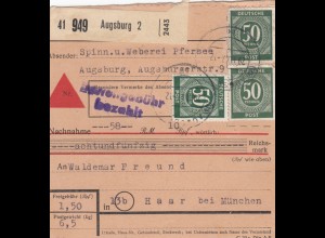 Paketkarte 1947: Weberei Augsburg nach Haar, Nachnahme