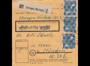 BiZone Paketkarte 1947: Ettringen Wertach nach Haar München