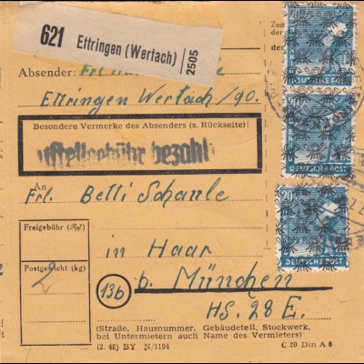 BiZone Paketkarte 1947: Ettringen Wertach nach Haar München