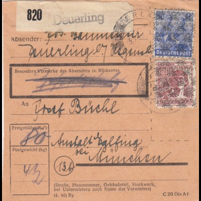 BiZone Paketkarte 1948: Deuerling nach Eglfing, Anstalt