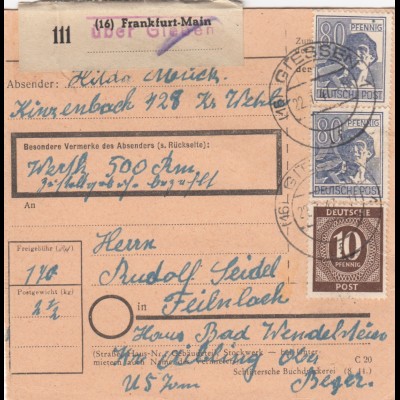 Paketkarte 1947: Kinzenbach nach Feilnbach, Haus Wendelstein, Wertkarte