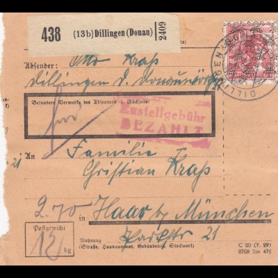 BiZone Paketkarte 1948: Dillingen nach Haar bei München