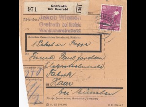 Paketkarte 1948: Grefrath bei Krefeld nach Haar, 1 Paket in Pappe