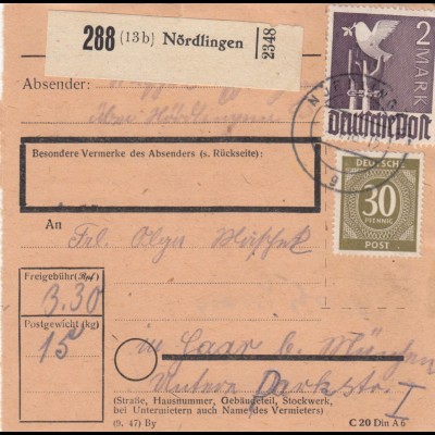 Paketkarte 1948: Nördlingen nach Haar bei München