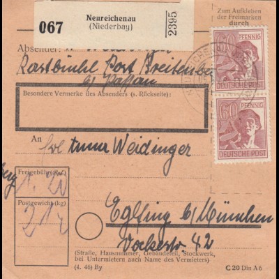 Paketkarte 1948: Neureichenau Breitenbach nach Eglfing