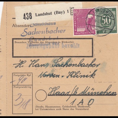 Paketkarte 1948: Landshut, Schuhaus, nach Nerven-Klinik Haar