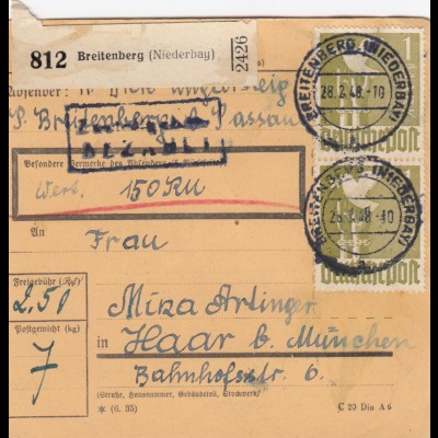 Paketkarte 1948: Breitenberg nach Haar, Wertkarte 150 RM