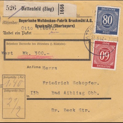 Paketkarte 1947: Dattenfeld, Wolldecken, nach Bad Aibling, Wertkarte