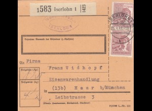 Paketkarte 1948: Iserlohn nach Einsenwarenhandlung in Haar