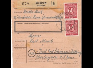 Paketkarte 1947: Wustrow Hannover nach Thal, Post Schönau